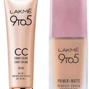 LAKMÉ 9 To 5 Primer + Matte Perfect Cover Liquid Full Coverage Foundation For Oily Skin & 9 To 5 Cc Cream Mini Combo, Pack Of 1
