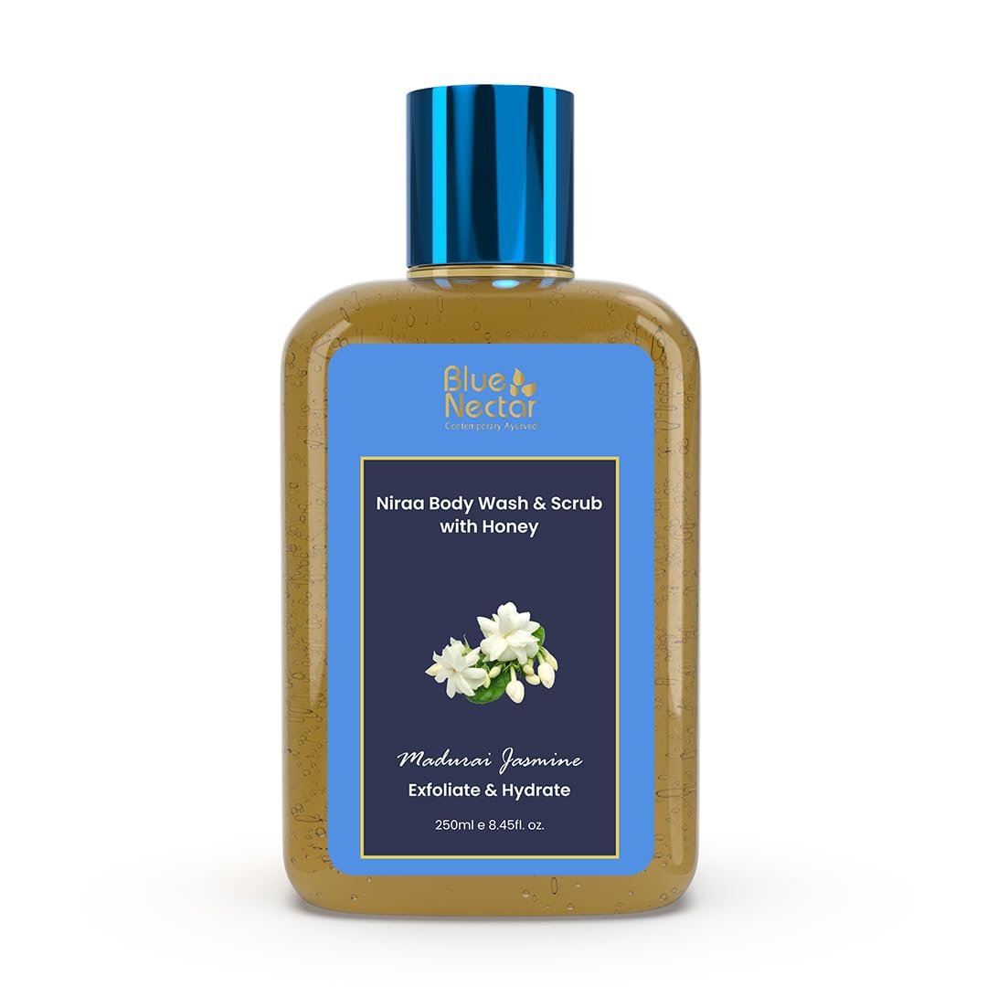 Blue Nectar Exfoliating Body Wash & Scrub for Rough & Bumpy Skin | Madurai Jasmine Tan Removal Body Scrub for Women & Men (10 herbs, 250ml)