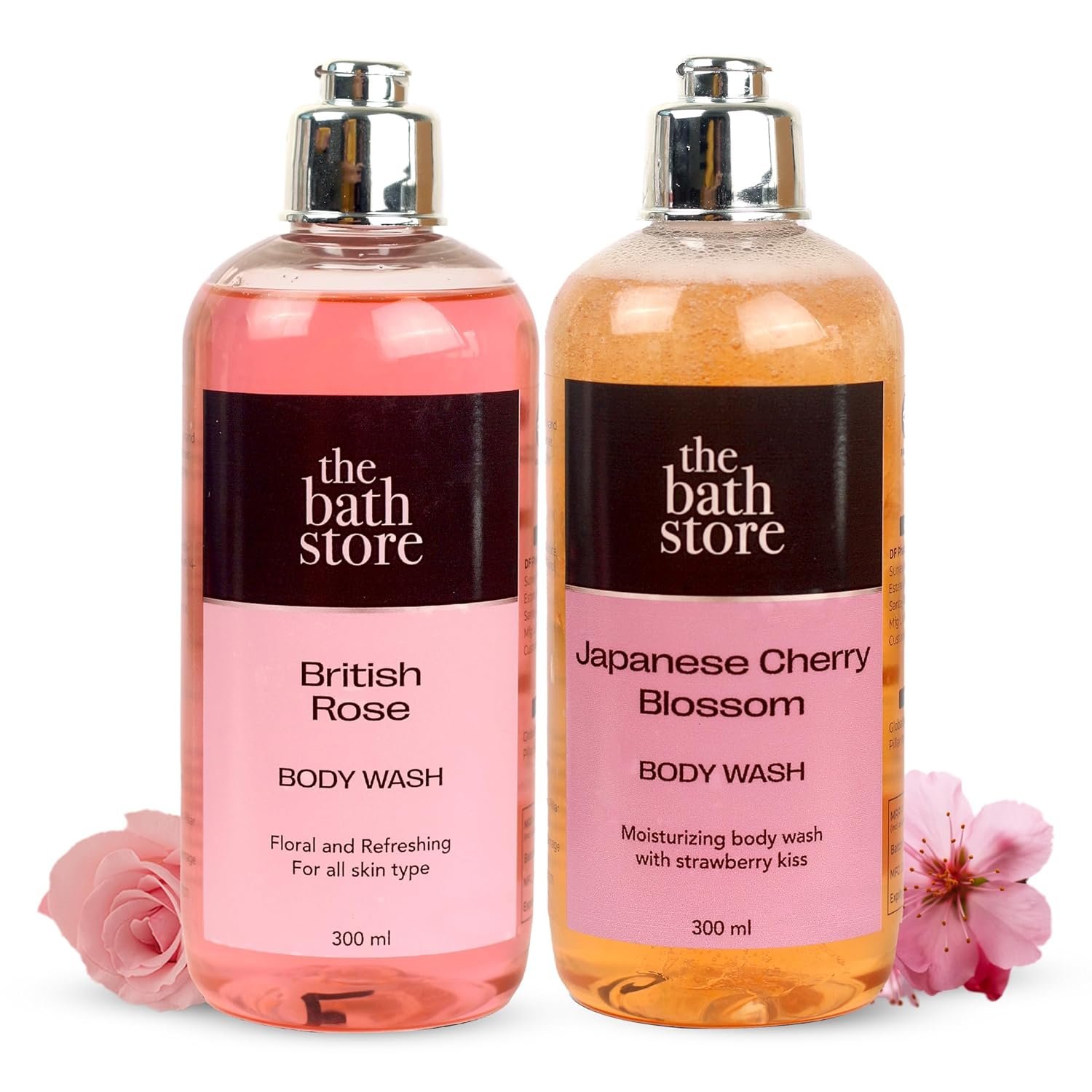 The Bath Store Body Wash Shower Gel Pack of 2 (British Rose + Japanese Cherry Blossom) | Moisturizing Body Wash For Dry Skin & Oily Skin | Tan Removal Body Wash For Men & Women - (300 * 2) ml
