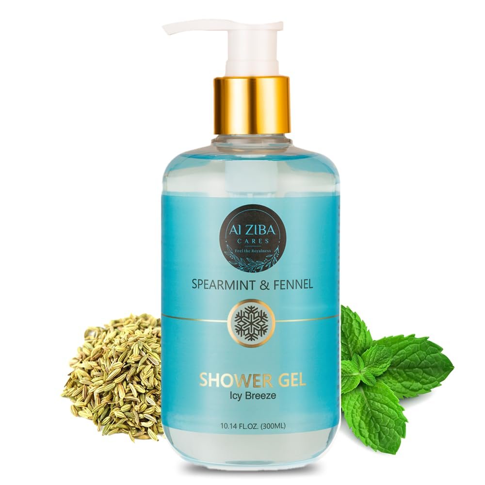 Alziba Cares Spearmint And Fennel Body Wash Shower Gel For Men And Women | Added Cranberry, Glycerin And Citric Acid | For Cooling, Refreshing And Nourished Skin - 300 Ml