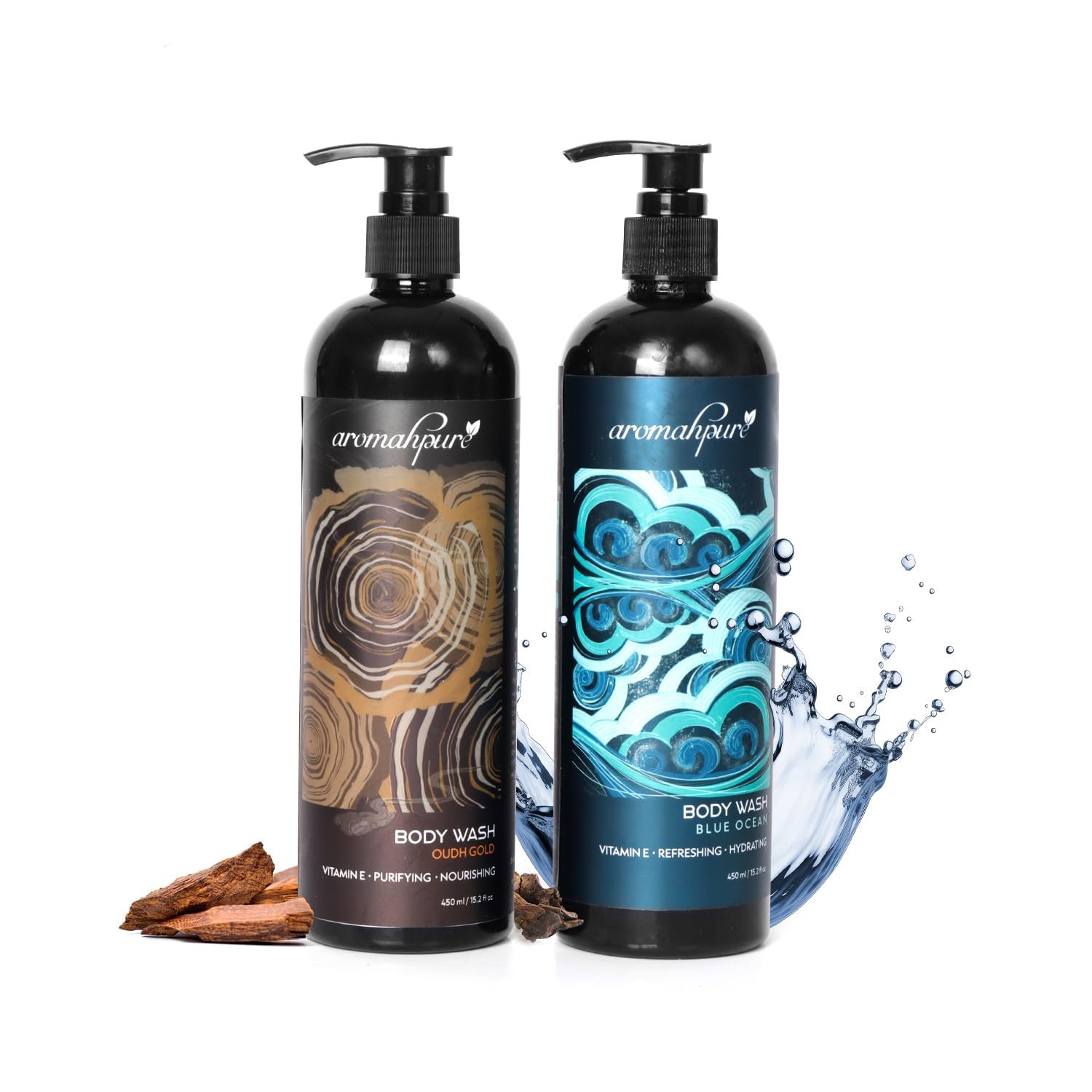 Aromahpure Pack of 2 Body Wash | Blue Ocean & Oudh | Refreshing, Purifying & Hydrating Shower Gel | 450 ML X 2 Pump Bottle | Enriched with Vitamin E| All Skin Type | Body Wash for Men & Women