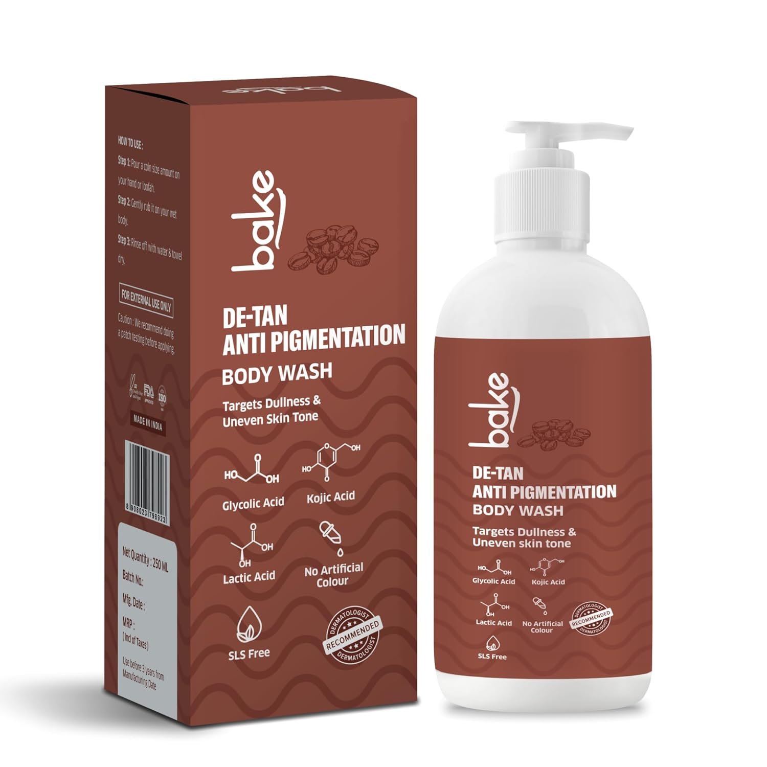 BAKE De-Tan Anti Pigmentation Coffee Body Wash with Kojic Acid, Glycolic Acid, Lactic Acid for Dark Spots, Pigmentation, Tanning & Tan Removal | For Men & Women | 250ml