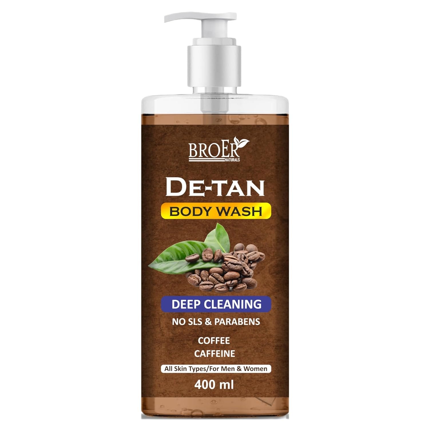 BROER De-Tan Body Wash for Men & Women, 400ml | Tan Removal | Caffeine Body Wash | With Coffee & Aloe Extracts | For Body & Face | Refreshing Fragrance