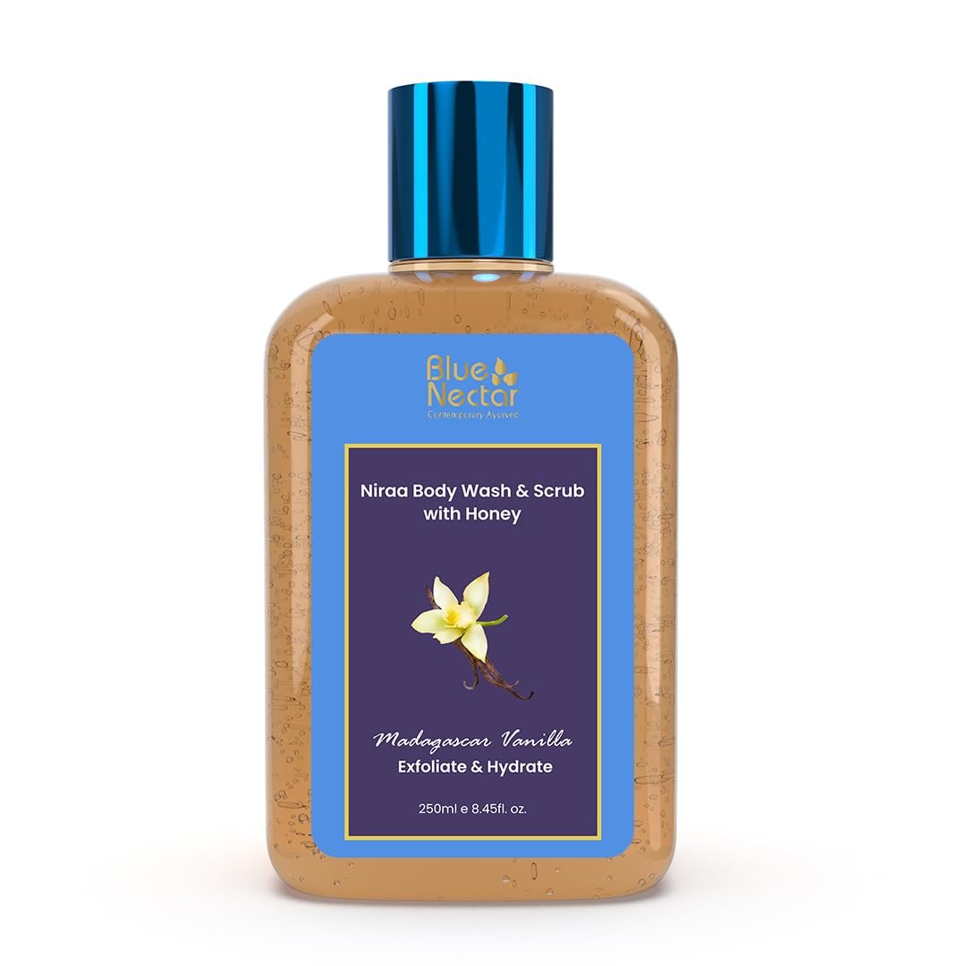 Blue Nectar Exfoliating Body Wash & Scrub for Rough & Bumpy Skin | Madagascar Vanilla Tan Removal Body Scrub for Women & Men (10 herbs, 250ml)