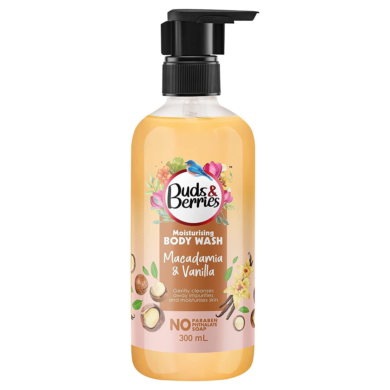 Buds & Berries Macadamia And Vanilla Extracts, Moisturizing Body Wash for Soft, Smooth & Clear Skin | No Soap, No Paraben, No Phthalate Shower Gel (300 ml)