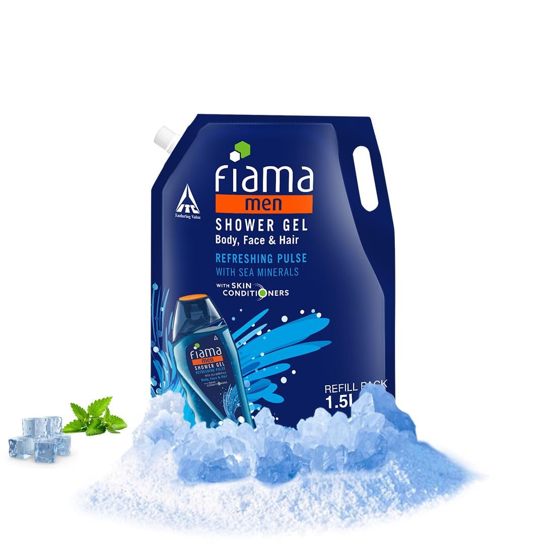 Fiama Men Body Wash Shower Gel Refreshing Pulse, 1.5L Body Wash Refill Pack for Men with Skin Conditioners & Sea Minerals for Moisturized Skin, Skin Friendly pH, For All Skin Types