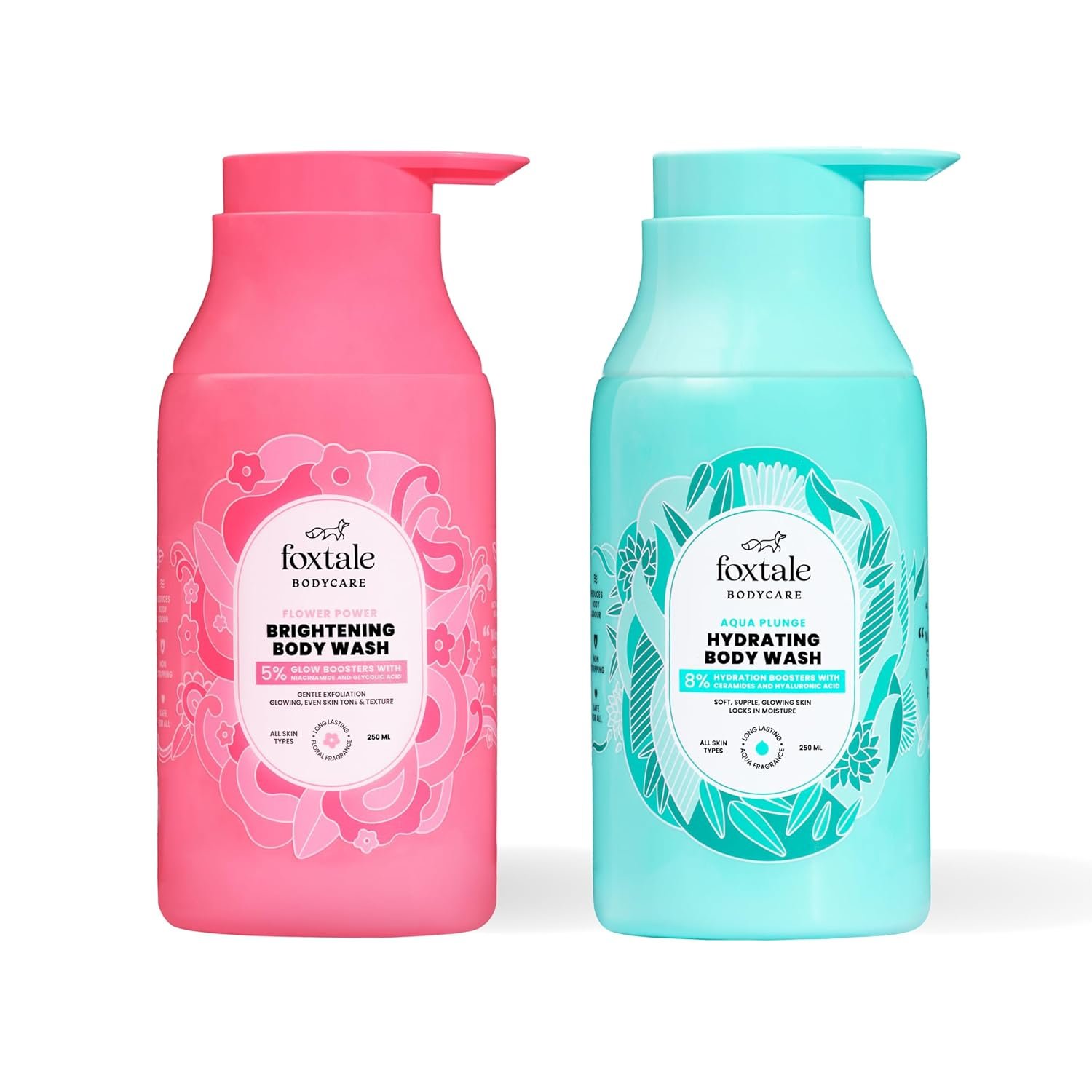 Foxtale Body Washes (Pack of 2) | With Glycolic Acid, Niacinamide, Ceramides, & Hyaluronic Acid | 6+ hrs Odour Control | Long Lasting Fragrance | Body Wash for Women & Men | All Skin Type | 250 ml
