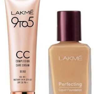 Lakmé Perfecting Liquid Foundation, Pearl, Long Lasting, Waterproof, Full Coverage, 27ml & 9 To 5 CC Cream Mini, 01 - Beige, Light Face Makeup With Natural Coverage, Spf 30, 9g