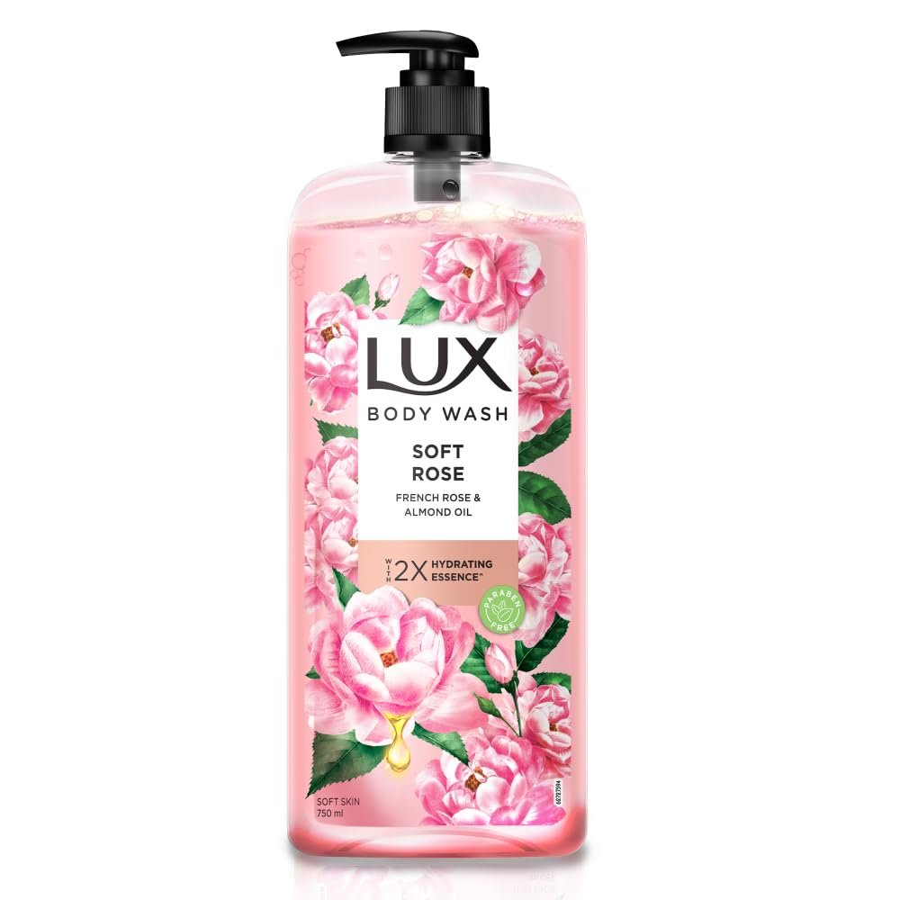 Lux Body Wash Soft Skin French Rose & Almond Oil Super Saver XL Pump Bottle with Long Lasting Fragrance, Glycerine, Paraben Free, Extra Foam, 750 ml