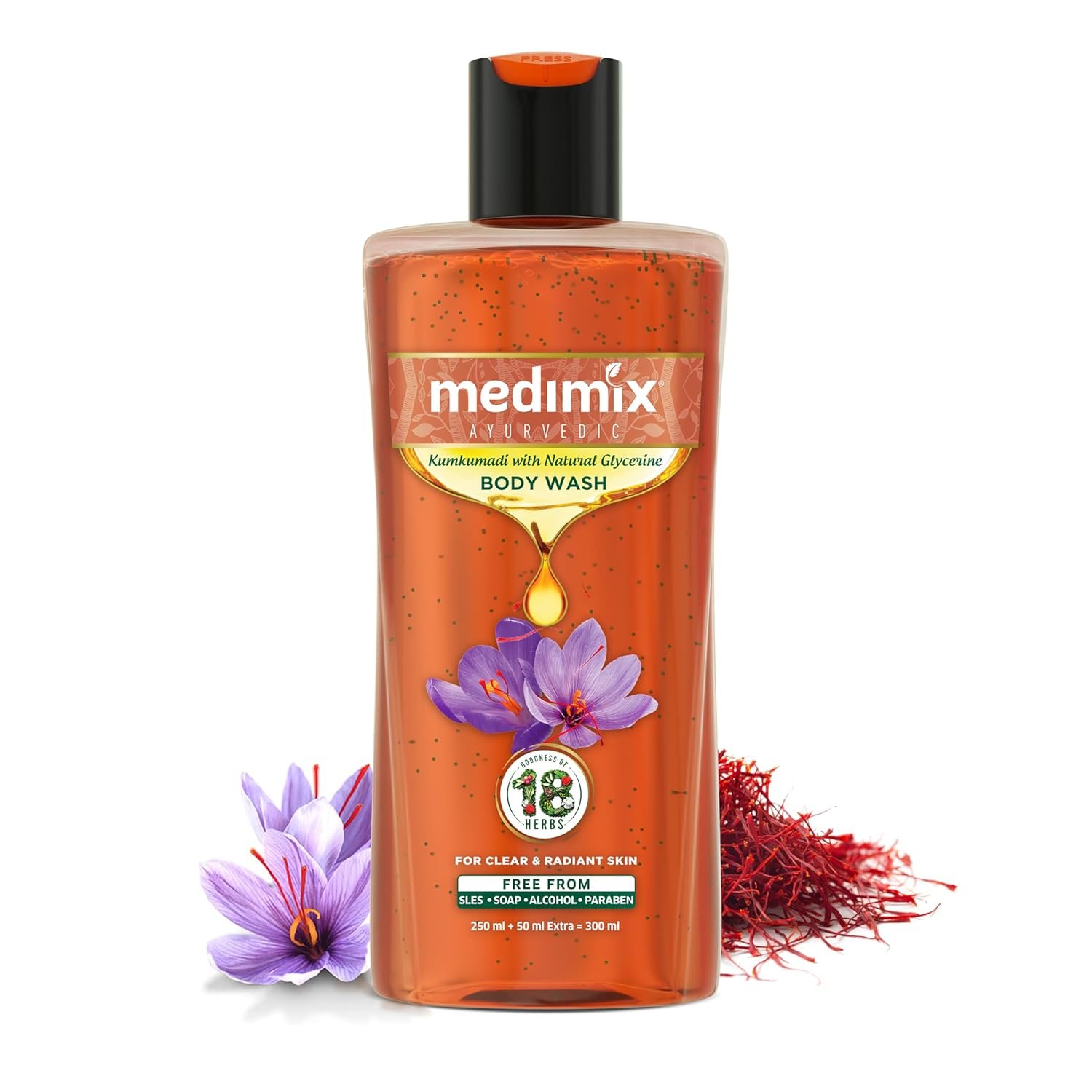 Medimix Ayurvedic Bodywash, Kumkumadi with Natural Glycerine for radiant & revived skin 250 + 50 ml | Shower Gel for Deep Hydration, Replenished & Glowing skin | Herbal | Paraben-free | Sulphate-free