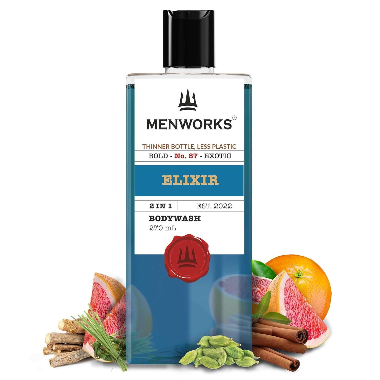 Menworks® Elixir Bodywash & Shower Gel For Men & Women | Luxury Body Wash | Mens Shower Gel with Grapefruit, Nutmeg, Cinnamon and Vetiver | Woody Spicy | 270ml