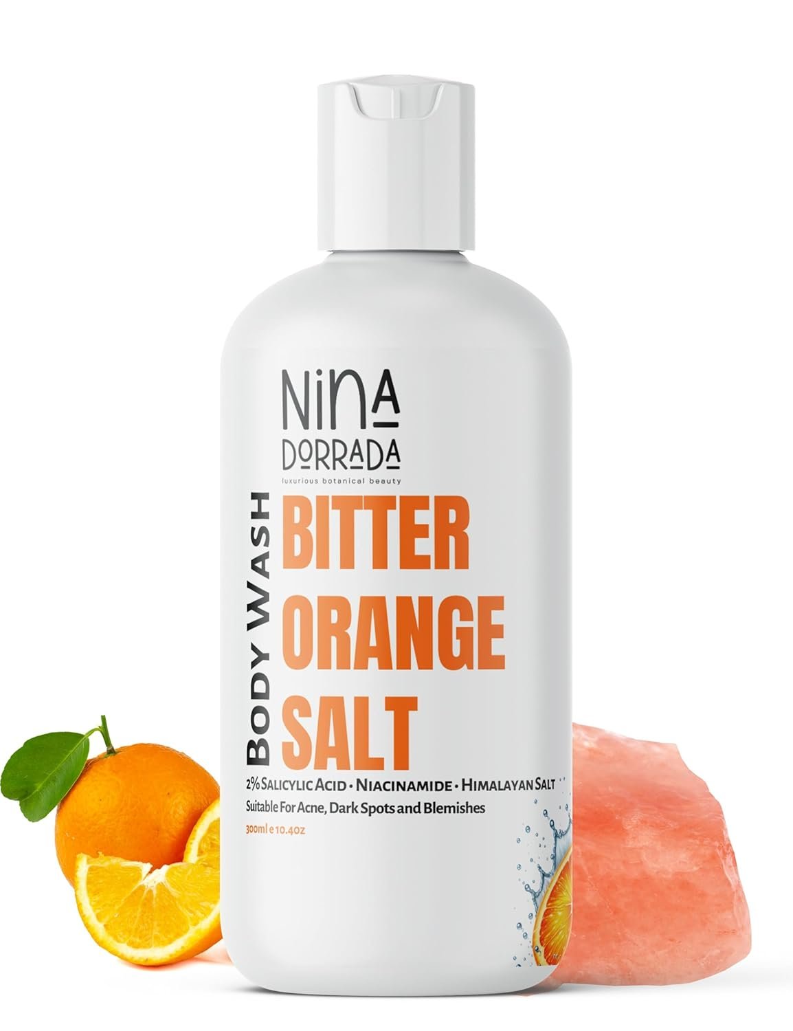 Nina Dorada Bitter Orange Body Wash with Himalayan Salt for Acne - 2% Salicylic Acid Cleanser - Shower Gel for Oily and Pimple Prone Skin - Deep Pore Cleansing for Men & Women