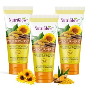 NutriGlow Wild Turmeric Natural Face Wash for Dry Skin, Tan Removal and Skin brightening, For Women Glowing Skin, Repair Sun Damage, 65ml Each, Pack of 3