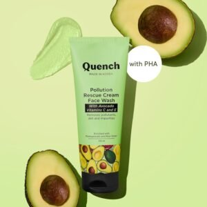 Quench Pollution Rescue Cream Face Wash with Vitamin E & Avocado | Gently Exfoliates Skin to Revive Dullness | Rich Foamy Korean Cleanser | Made in Korea (100ml)