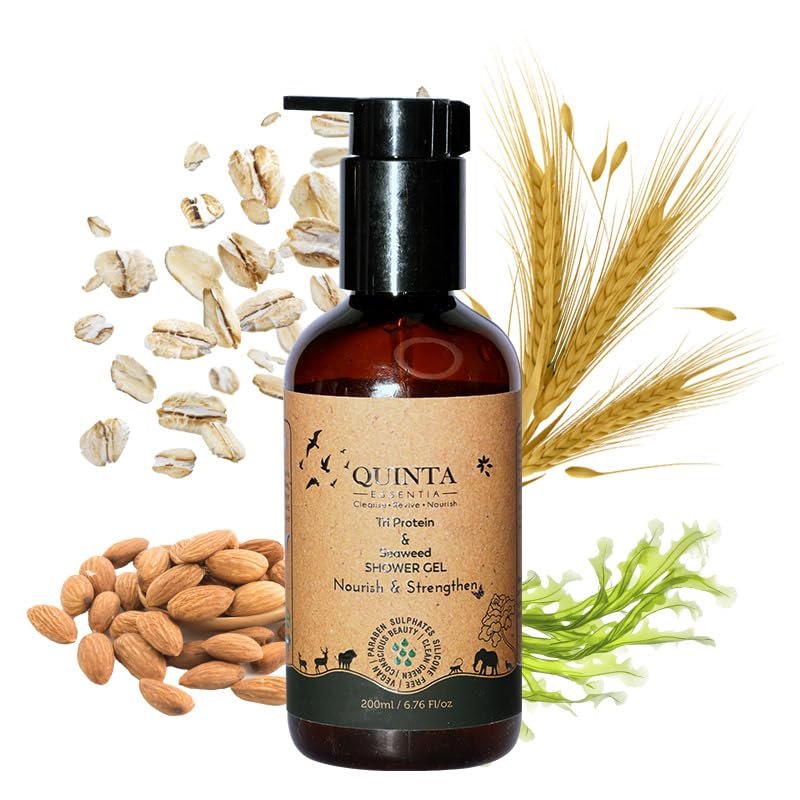Quinta Body Shower Gel, Brightening Cleanser Milk Wash, Hydrates and Moisturizes, Gently Exfoliates, Smoothening Foam, With Wheat, Almond and Seaweed Protein, For Men and Women, All Skin Types, 200 ml