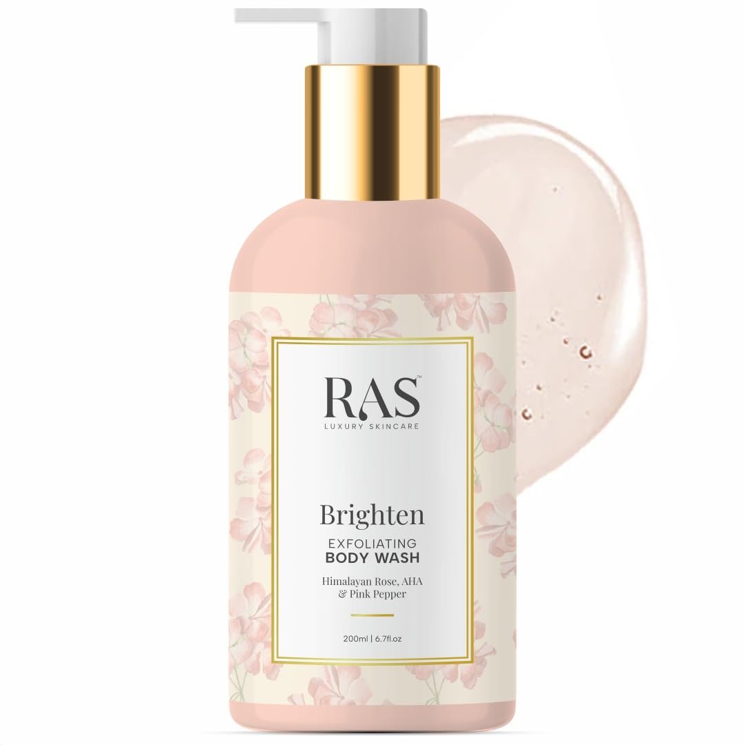 RAS Luxury Oils Brighten Exfoliating Body Wash, Sulphate Free, Himalayan Rose & Pink Pepper; Brightens skin tone with gentle exfoliation; For Men & Women; AHA Body Wash; 200ml