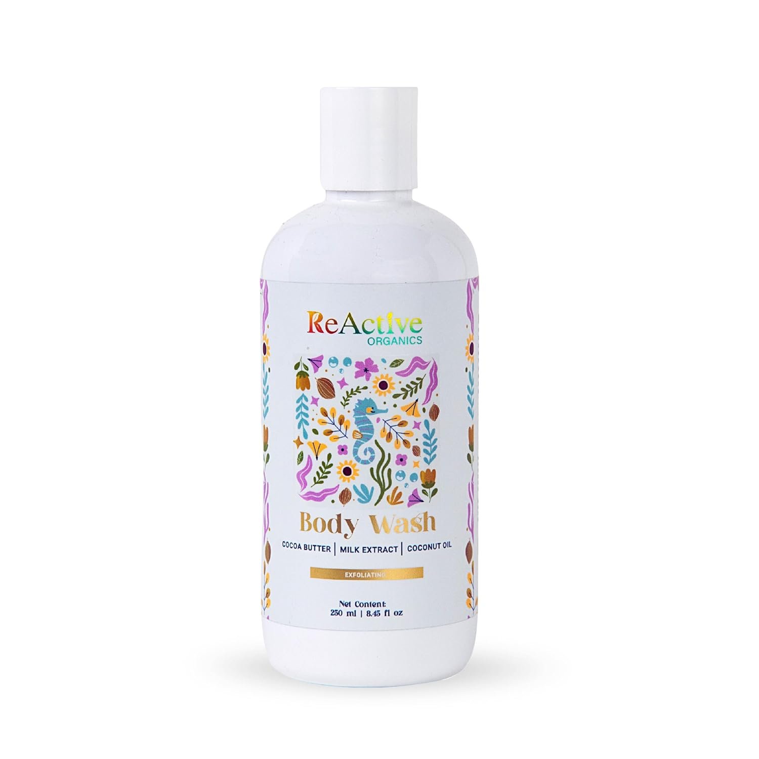 ReActive Organics - Exfoliating Body Wash with Coconut Oil, Milk Extract & Cocoa Butter | Hydrated and Radiant Skin | Sulphate Free | Paraben Free | For Men and Women | 250ml