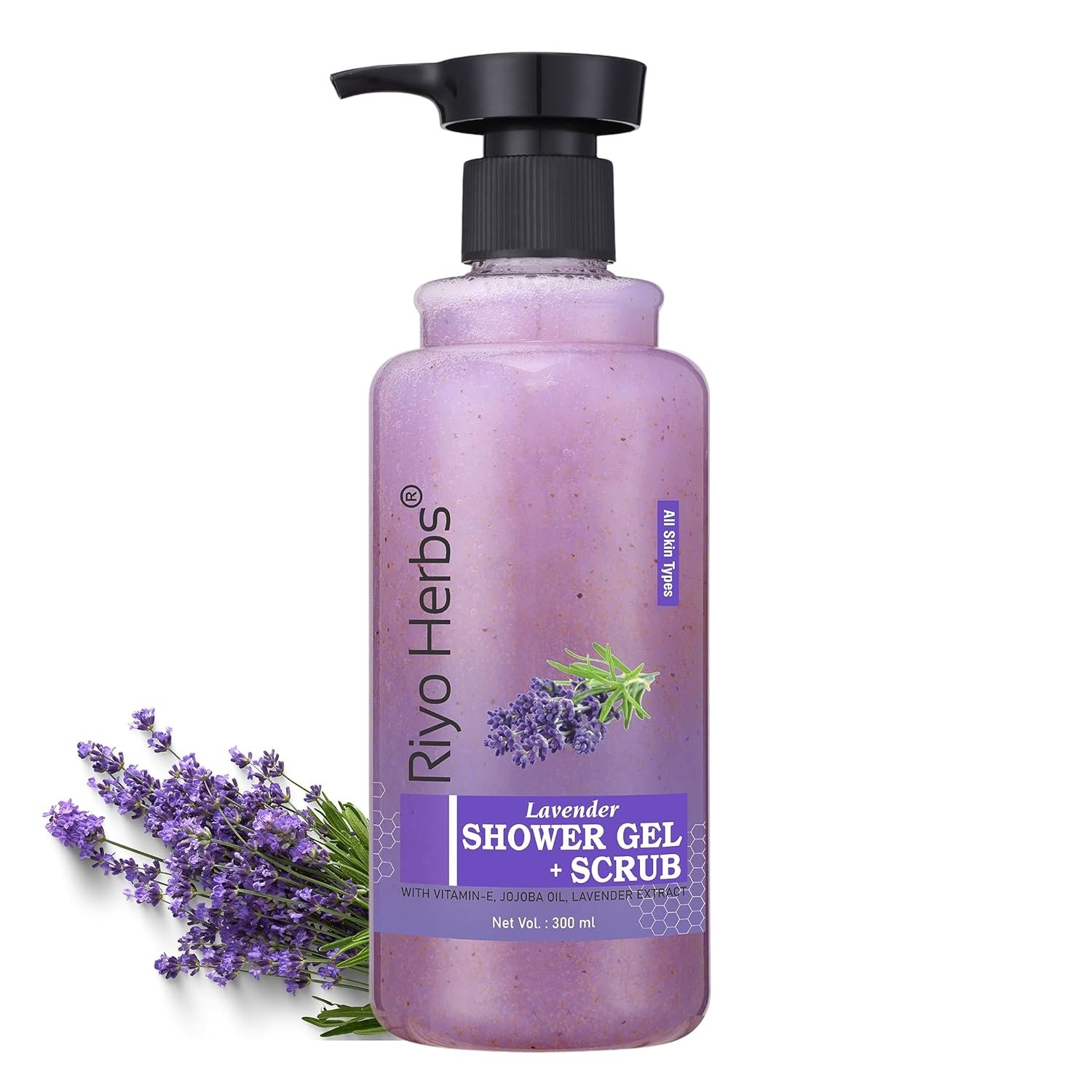 Riyo Herbs Body Wash & Scrub Shower Gel, Pampering Care with Refreshing Scent of Lavender Flower, Use for Softer and Smoother Skin, Heals Dryness,300ml