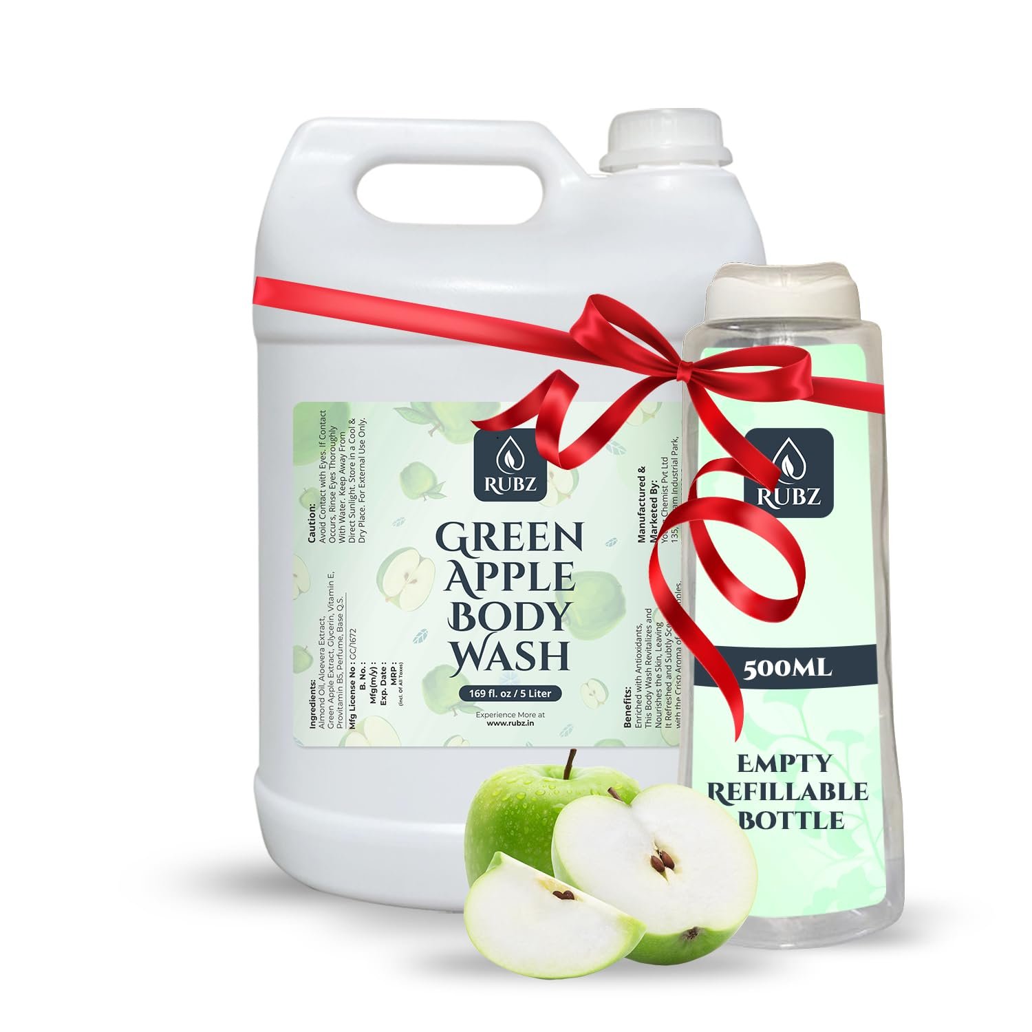 Rubz Green Apple Body Wash - 5 Litre | Enriched With Glycerin & Long Lasting Fragrance | With 500ml Refillable Bottle | Soap-Free Body Wash For Women And Men | Paraben Free | SLS Free | Best For Spa