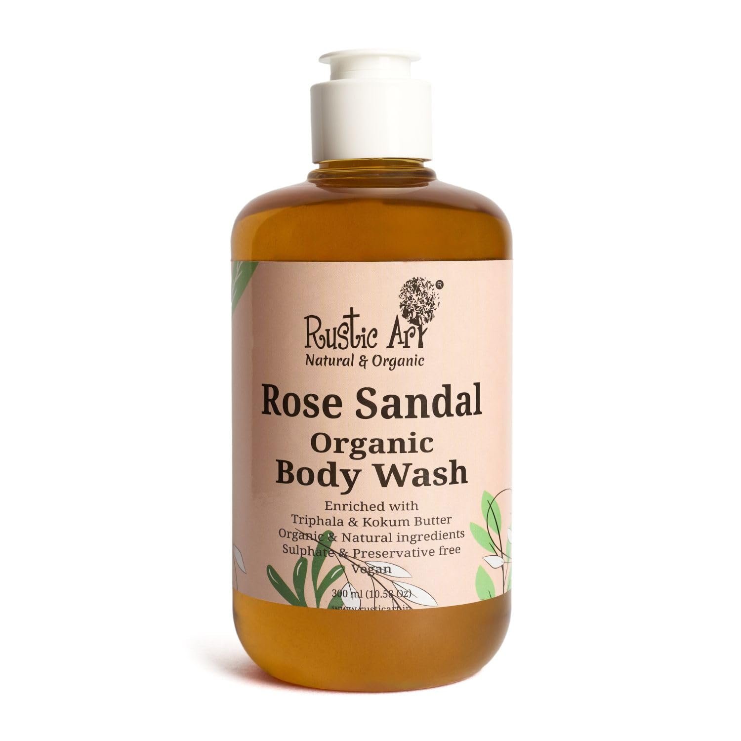 Rustic Art Rose Sandal Body Wash Liquid | Sulphate & Paraben free Castile Soap | Moisturizing & Nourishing & Gentle Exfoliation | For Women & Men | 300ml