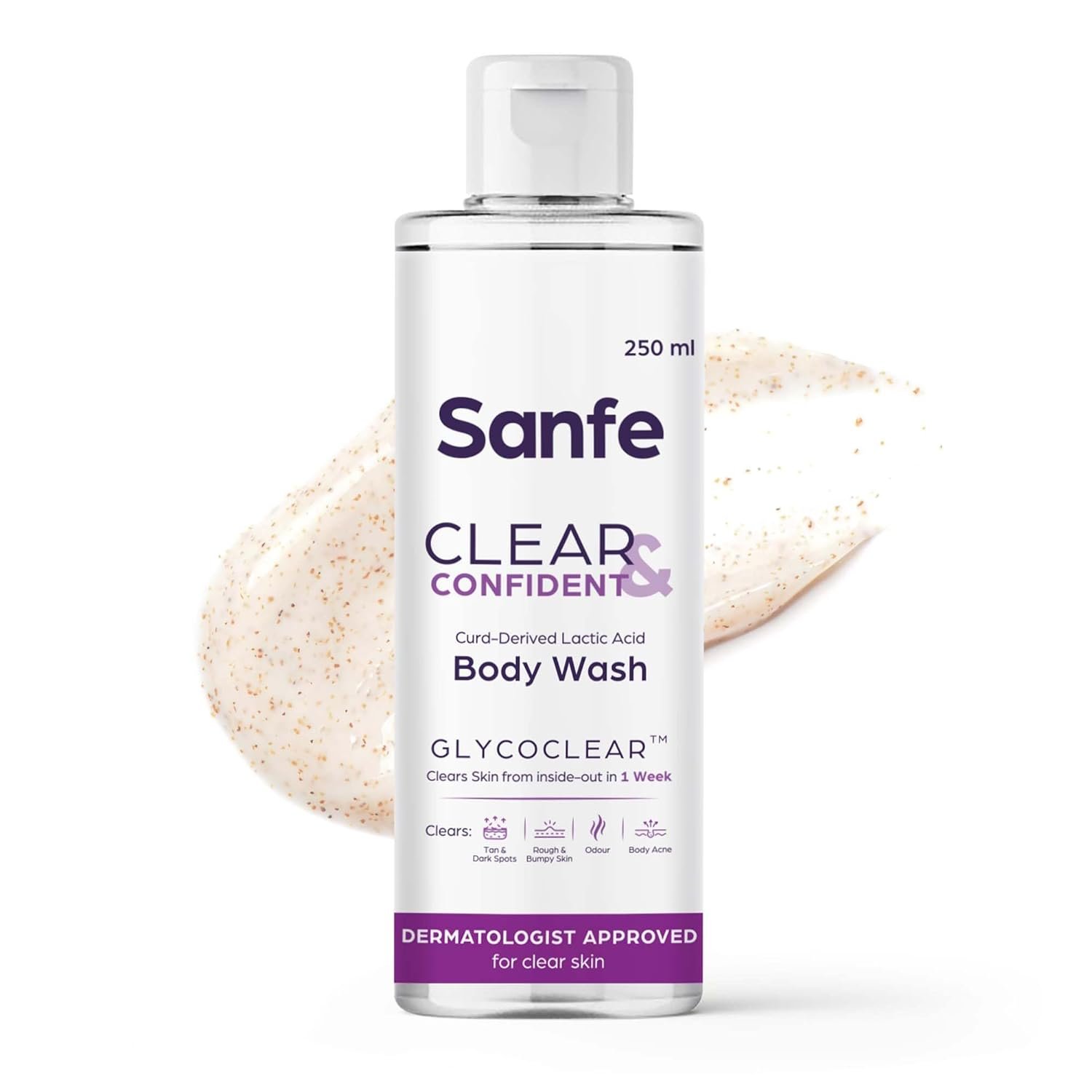 Sanfe Clear & Confident Glycolic Acid Body Wash | AHA Exfoliation for Rough & Bumpy Skin, Tan, Acne & Strawberry Skin | Smooth Skin from 1st Use | 250ml Daily Shower Gel