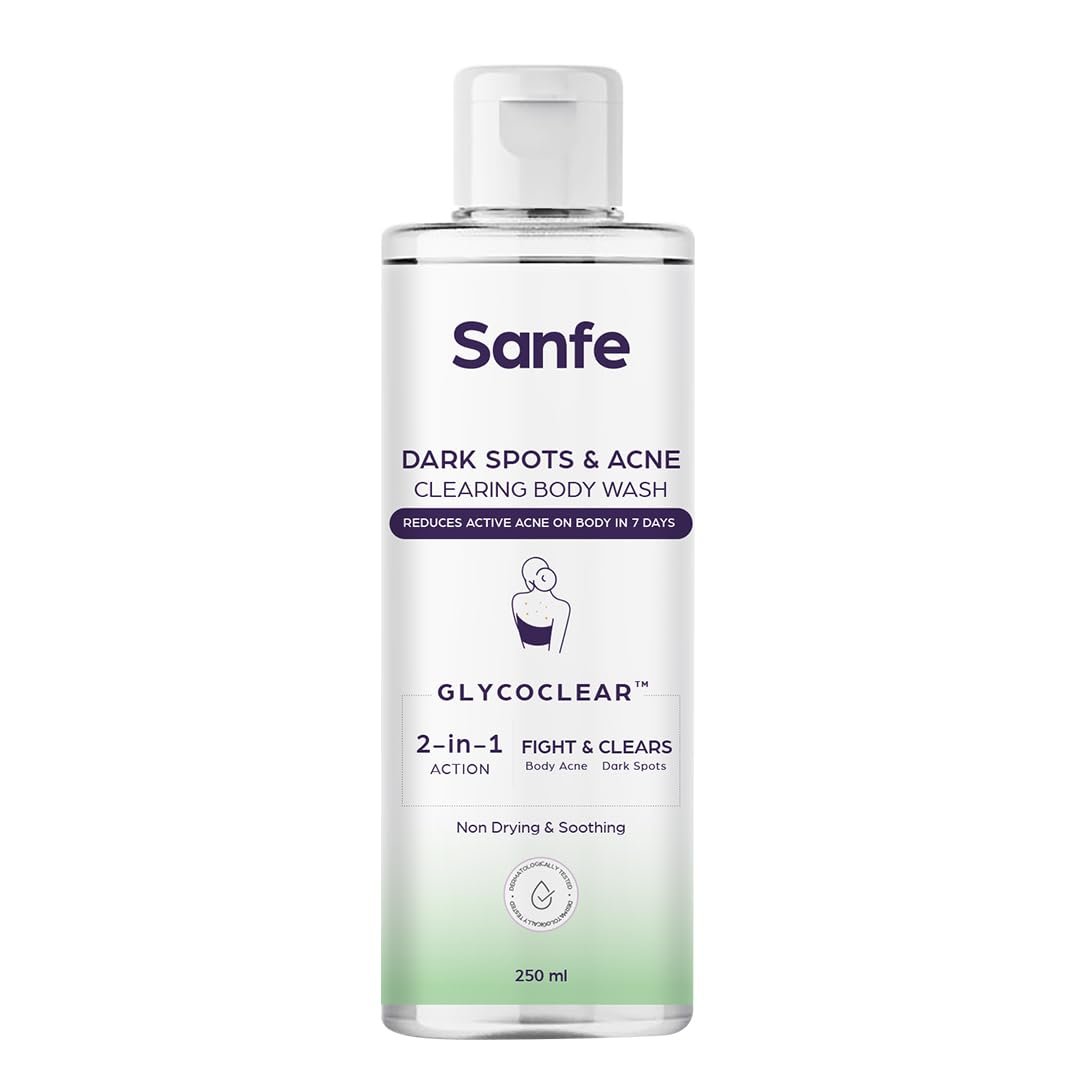 Sanfe Dark Spots & Acne Clearing Body Wash | Prevents Body Acne, Bumpy Skin & Fades Dark Spots | Salicylic Acid, Glycolic Acid & Tea Tree | Non Drying Formula | 250ml