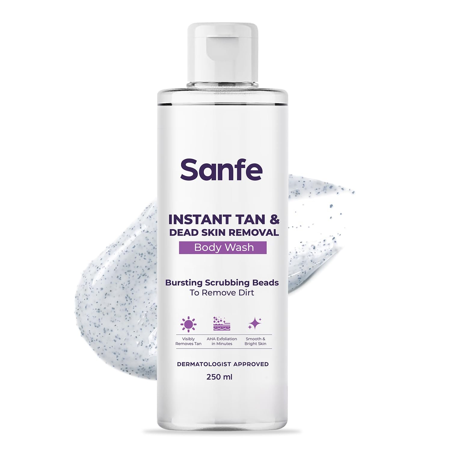 Sanfe Instant Tan & Dead Skin Removal Exfoliating Body Wash | Visibly Removes Tan | AHA Exfoliation in Minutes | Smooth & Bright Skin | 250ml