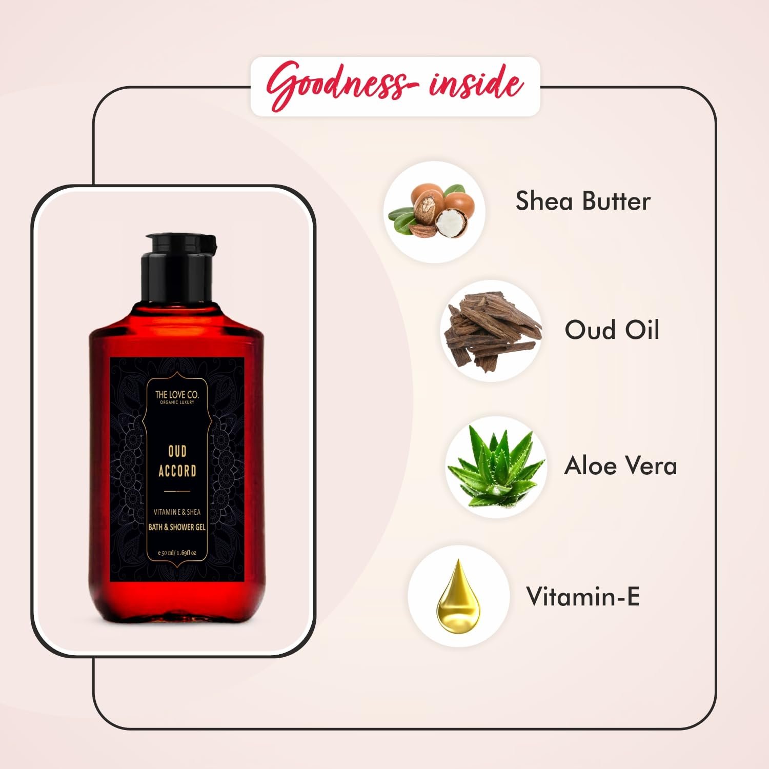 The Love Co. Luxury Oud Accord Body Wash for Women - Organic & Vegan, Long-Lasting Scent with Nourishing Shea Butter, Vitamin E, and Niacinamide - Cruelty-Free, Paraben-Free, 50ml