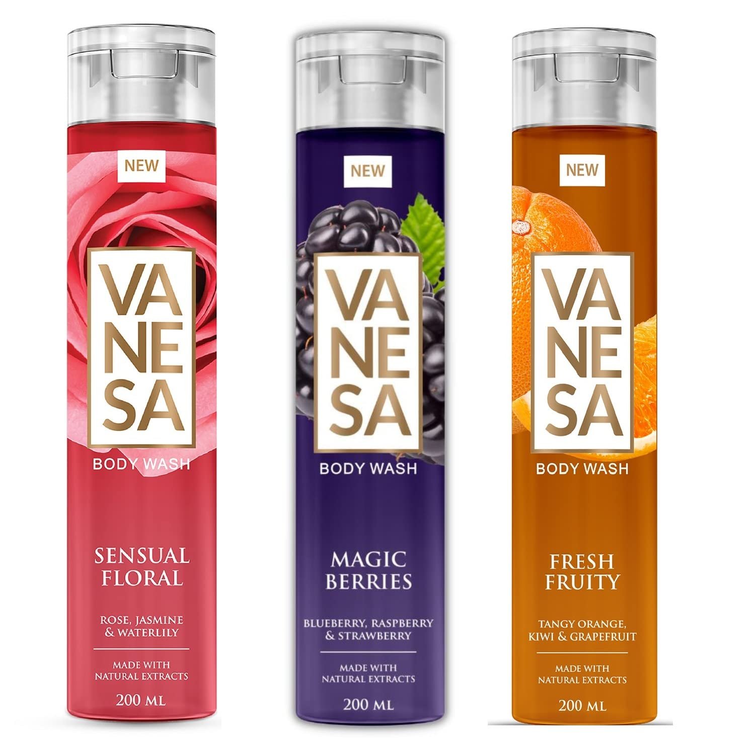 VANESA Body Wash Fresh Fruity, Magic Berries, Sensual Floral (Pack of 3) - 200ML Each | Aroma of Natural Fruits & Floral Fragrance | Refreshing Gentle Cleaning Bodywash
