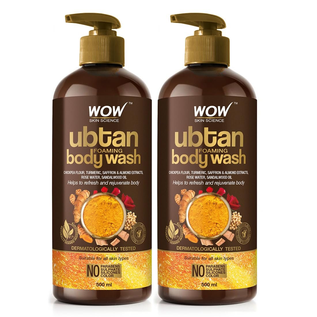 WOW Skin Science Ubtan Body Wash | Tan Removal And Glowing Skin | With Chickpea Flour, Almond, Safron & Turmeric Extract | 500 Ml | Pack of 2