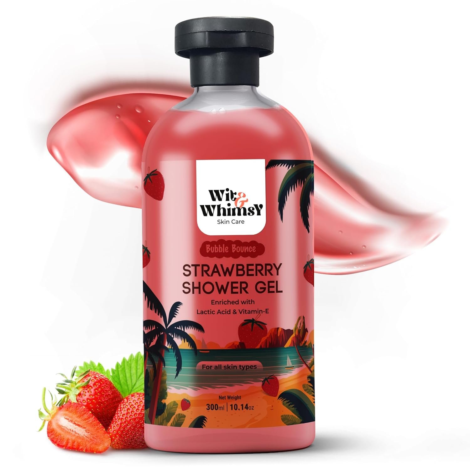 Wit & Whimsy Bubble Bounce Strawberry Shower Gel Enriched with Lactic Acid & Vitamin E | Moisturizing Body Wash for Men & Women | Refreshing & Hydrating Body Cleanser for All Skin Type - 300ml