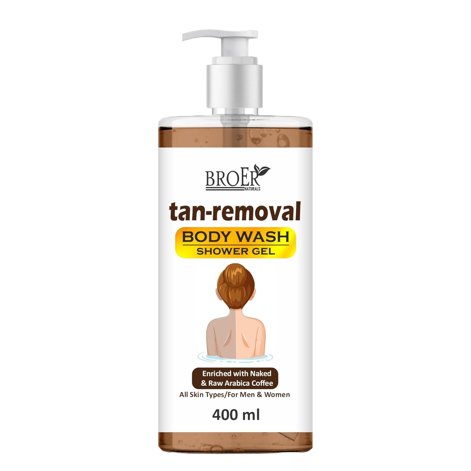 BROER Tan Removal Body Wash with Coffee Extract - Deep Cleanse, Exfoliate & Brighten Skin | Anti-Tan Shower Gel for Men & Women | Moisturizing, Sulfate-Free Formula, 400ml