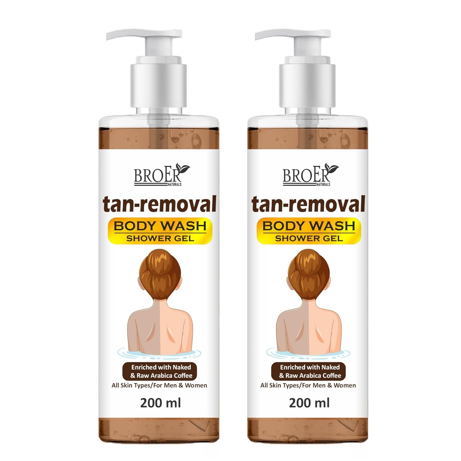 BROER Tan Removal Body Wash with Coffee Extract - Deep Cleanse, Exfoliate & Brighten Skin | Anti-Tan Shower Gel for Men & Women | Moisturizing, Sulfate-Free Formula, 200ml (pack of 2) 400ml