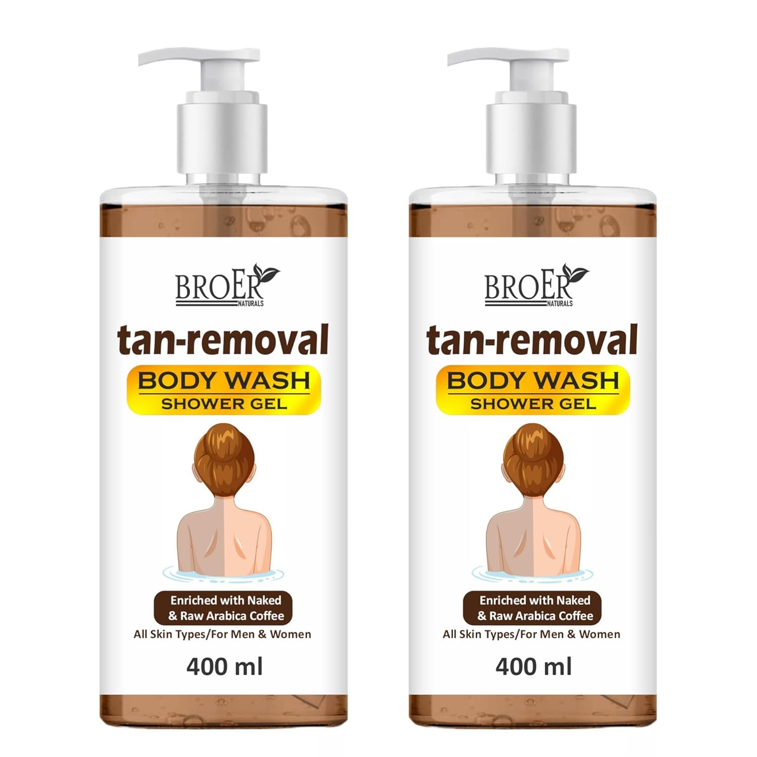 BROER Tan Removal Body Wash with Coffee Extract - Deep Cleanse, Exfoliate & Brighten Skin | Anti-Tan Shower Gel for Men & Women | Moisturizing, Sulfate-Free Formula, 400ml (pack of 2) 800ml