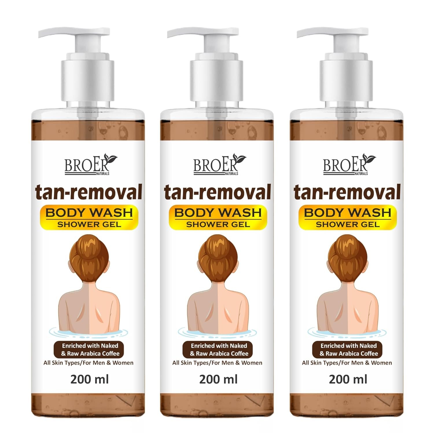 BROER Tan Removal Body Wash with Coffee Extract - Deep Cleanse, Exfoliate & Brighten Skin | Anti-Tan Shower Gel for Men & Women | Moisturizing, Sulfate-Free Formula, 200ml (pack of 3) 600ml