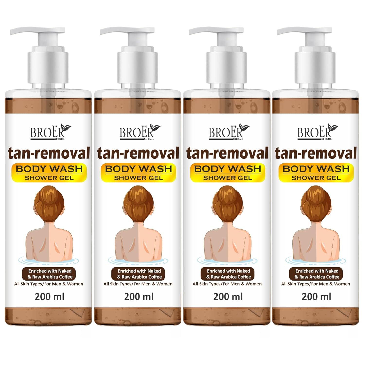 BROER Tan Removal Body Wash with Coffee Extract - Deep Cleanse, Exfoliate & Brighten Skin | Anti-Tan Shower Gel for Men & Women | Moisturizing, Sulfate-Free Formula, 200ml (pack of 4) 800ml