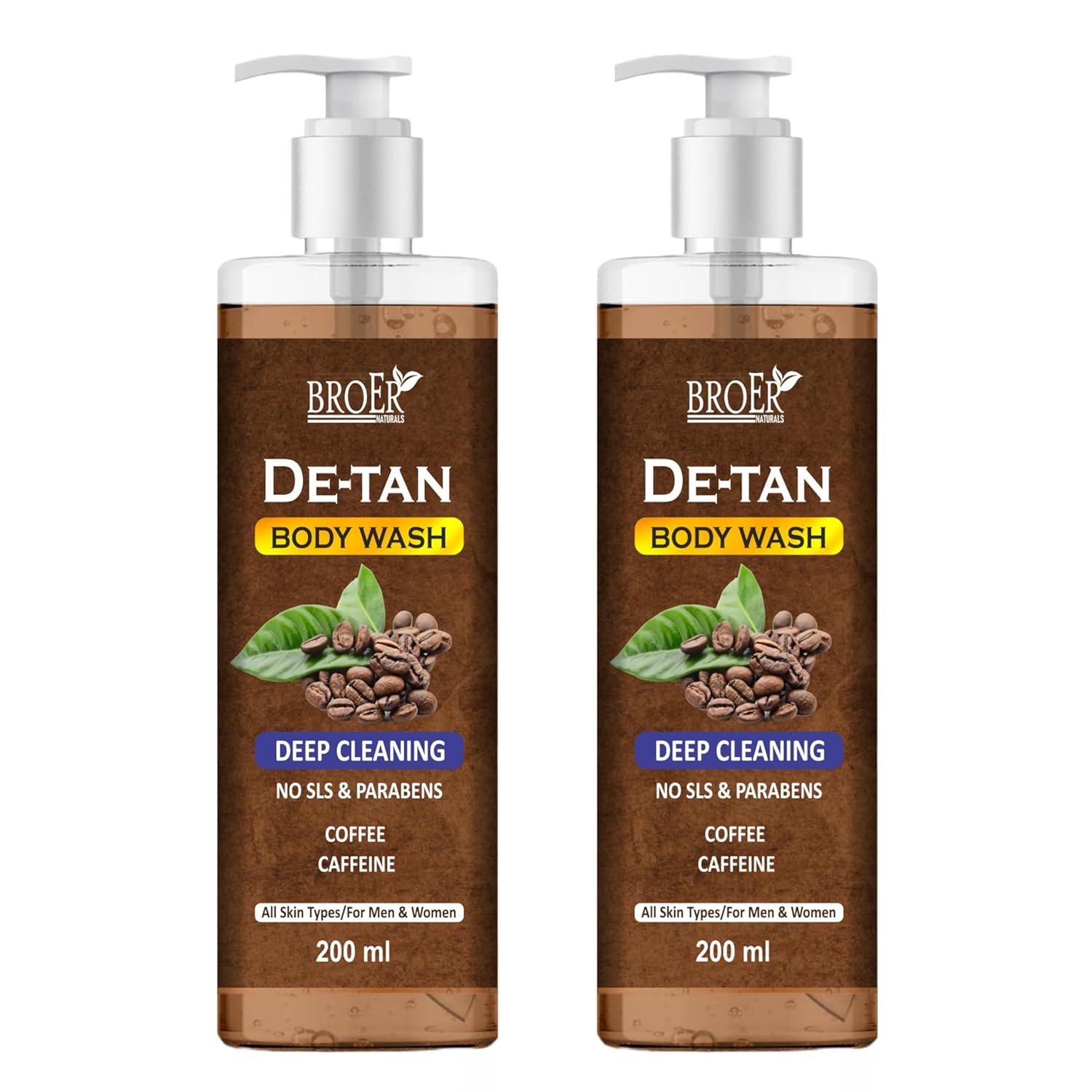 BROER De Tan Body Wash for Men and Women Infused with Coffee and Caffeine | Tan Removal & Deep Cleansing Shower Gel | Exfoliating & Energizing Body Wash for All Skin Types, 200 ml (pack of 2) 400ml