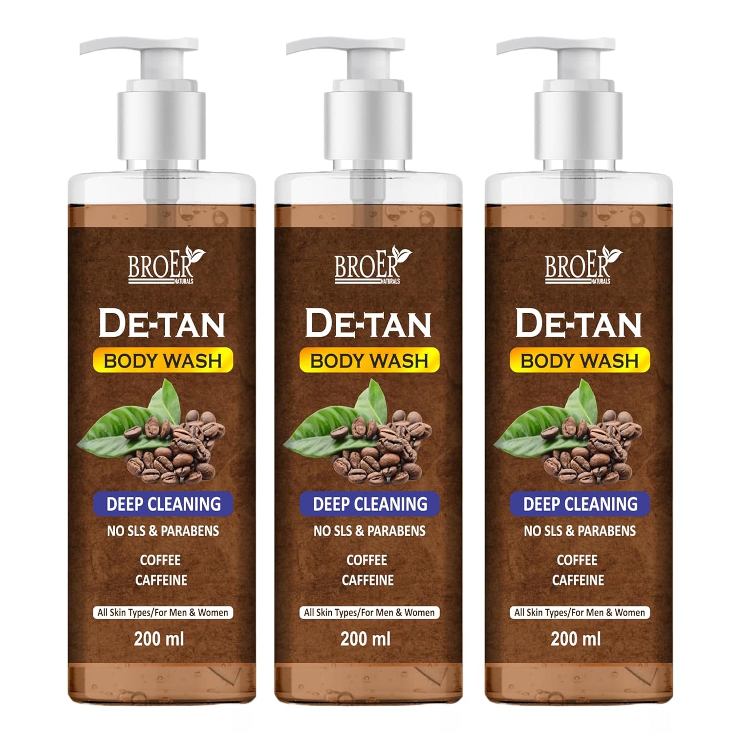 BROER De Tan Body Wash for Men and Women Infused with Coffee and Caffeine | Tan Removal & Deep Cleansing Shower Gel | Exfoliating & Energizing Body Wash for All Skin Types, 200 ml (pack of 3) 600ml