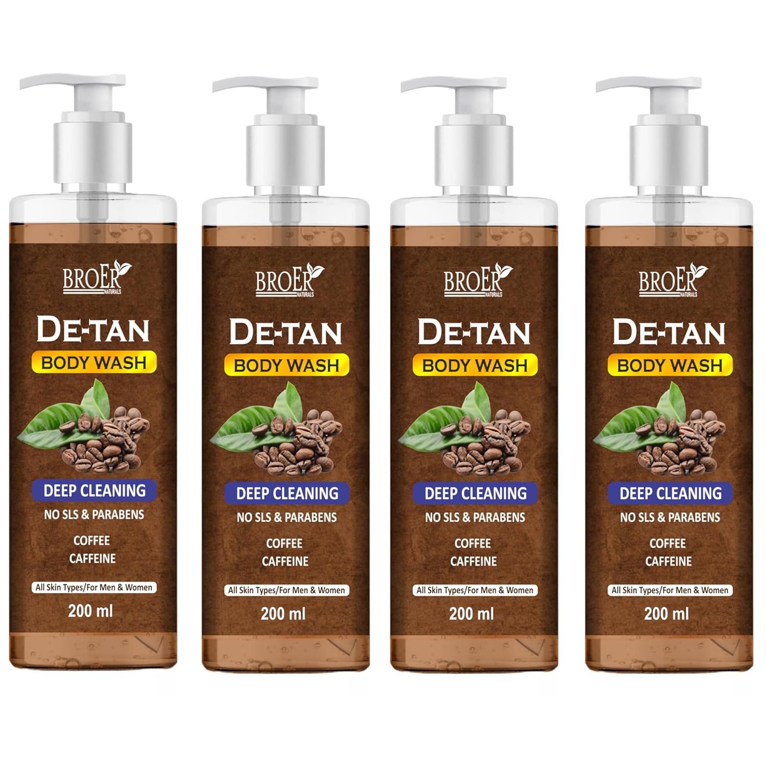 BROER De Tan Body Wash for Men and Women Infused with Coffee and Caffeine | Tan Removal & Deep Cleansing Shower Gel | Exfoliating & Energizing Body Wash for All Skin Types, 200 ml (pack of 4) 800ml
