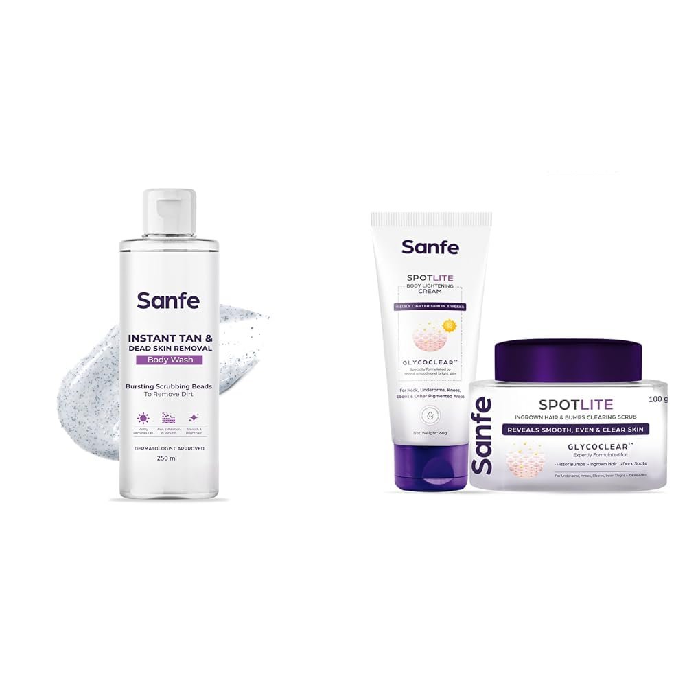Sanfe Instant Tan & Dead Skin Removal Exfoliating Body Wash 2 Steps Spotlite Kit For Dark Underarms Bikini Neck Knees & Elbows Spotlite Cream & Scrub