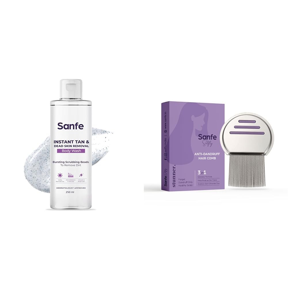 Sanfe Instant Tan & Dead Skin Removal Exfoliating Body Wash | Visibly Removes Tan | AHA Exfoliation in Minutes | Smooth & Bright Skin | 250ml Selfly Stunner Anti-Dandruff Hair Comb
