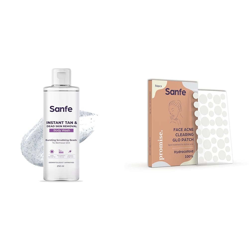 Sanfe Instant Tan & Dead Skin Removal Exfoliating Body Wash Visibly Removes Tan AHA Exfoliation in Minutes Smooth & Bright Skin 250ml Promise Face Acne Pimple Patch