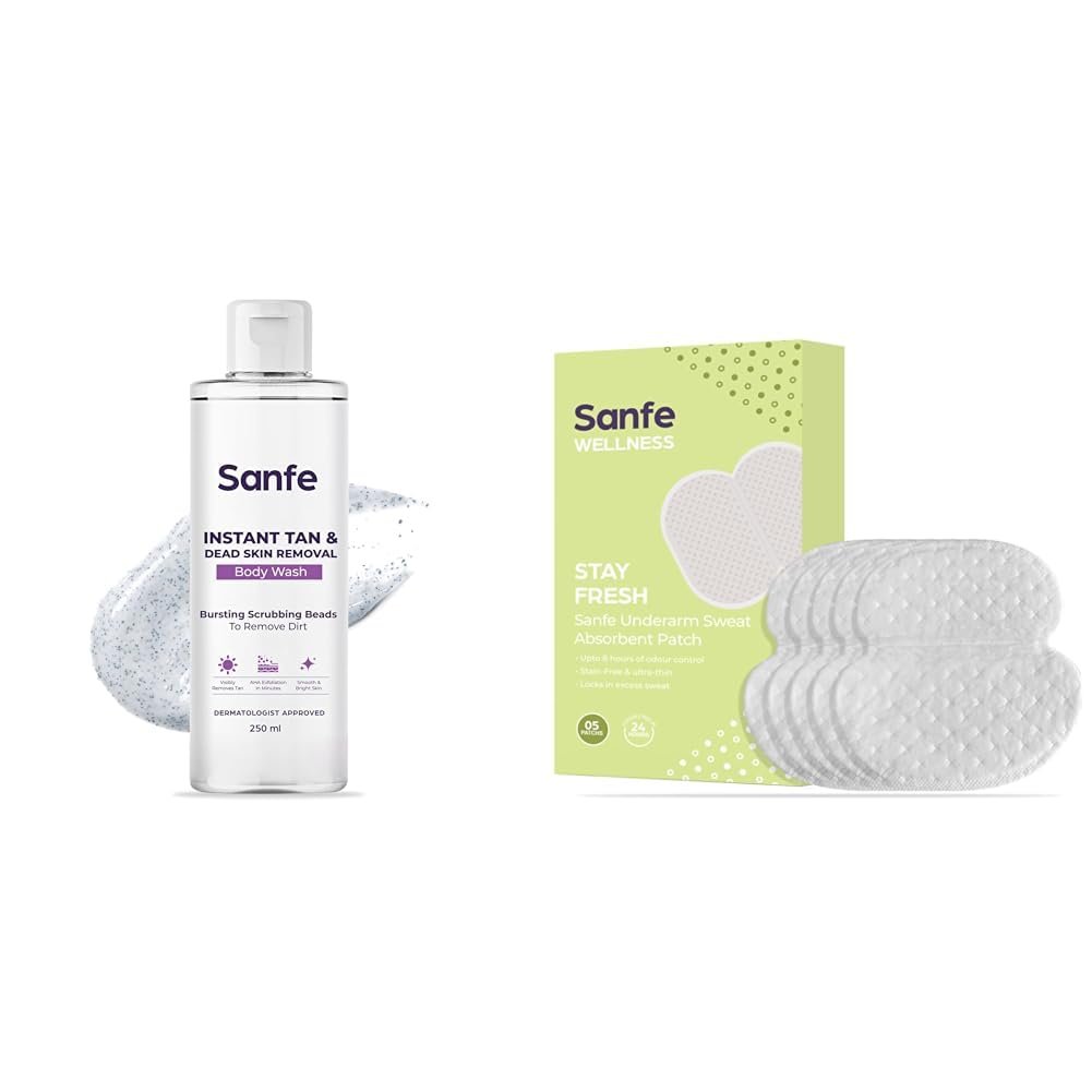Sanfe Instant Tan & Dead Skin Removal Exfoliating Body Wash Underarm Sweat Absorbent Patch Prevents Stains Absorbs Sweat & Unpleasant Odour 8 hr odour control stain free ultra thin 5 Pairs