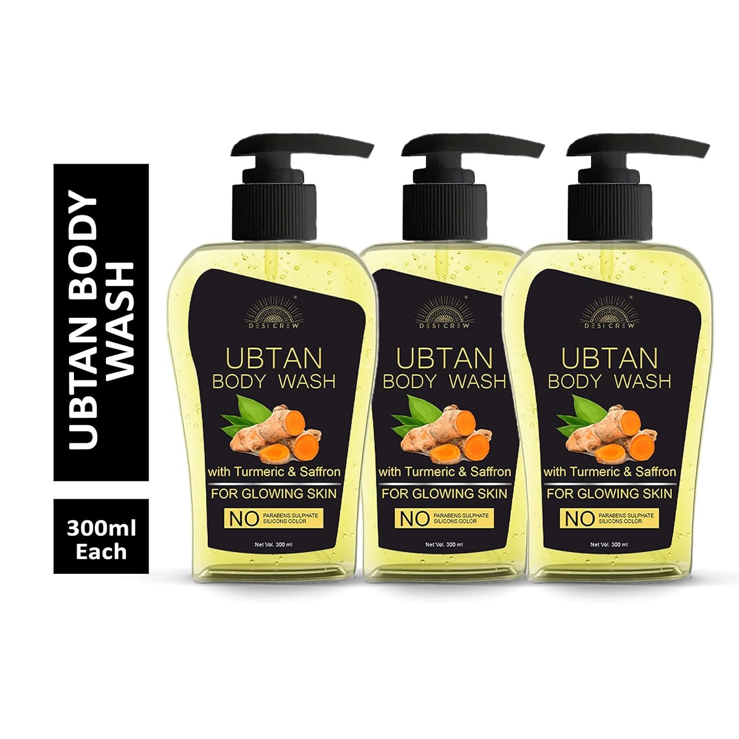 Desi Crew Ubtan Body Wash for Tan Removal and Glowing Skin - With Almond, Safron & Turmeric Extract (Pack Of 3 Bottle 900 ml)