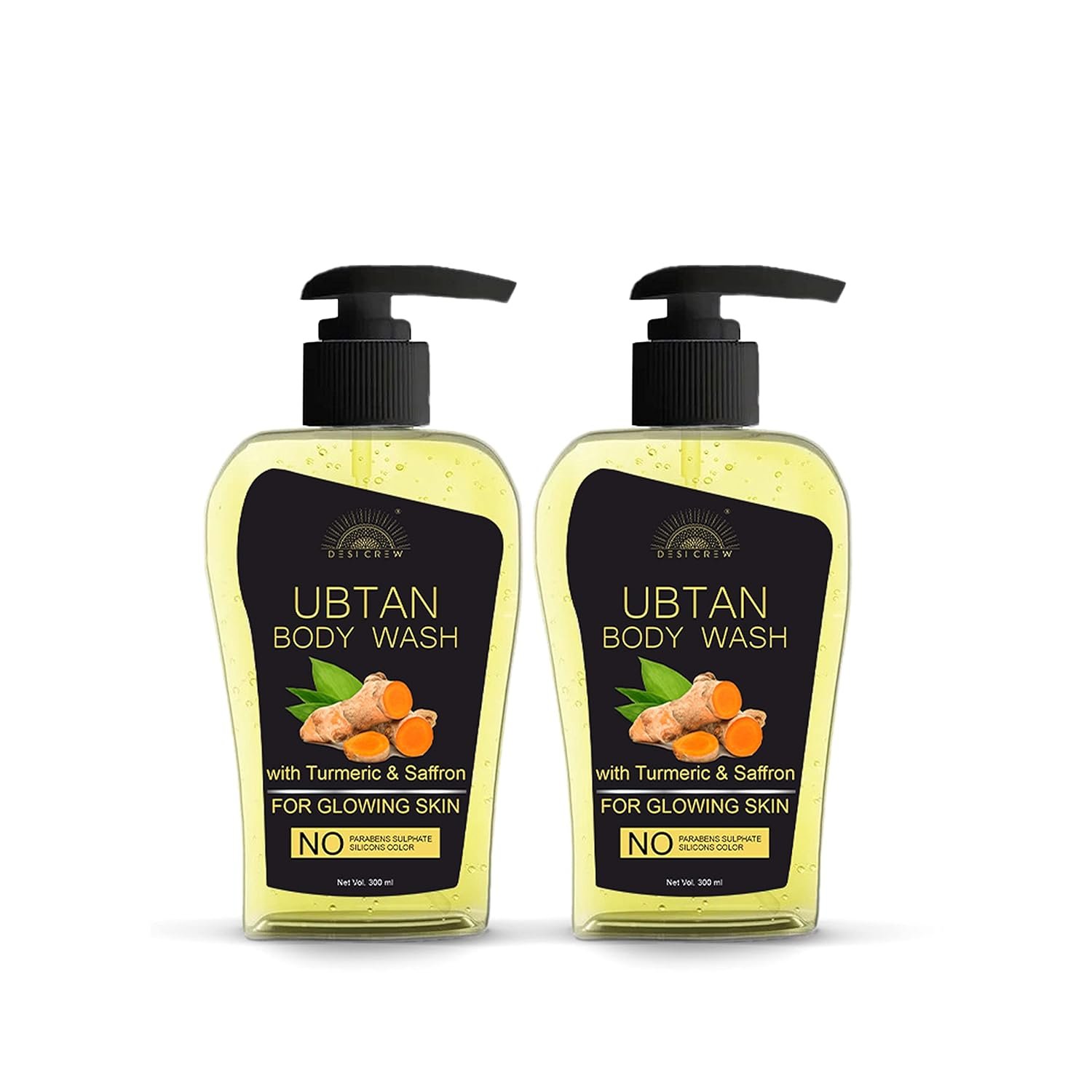Desi Crew Ubtan Body Wash for Tan Removal and Glowing Skin - With Almond, Safron & Turmeric Extract (Pack Of 2 Bottle 600 ml)