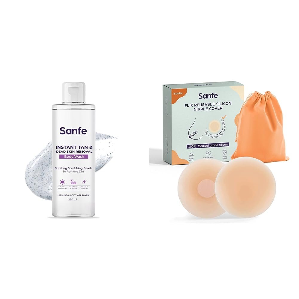Sanfe Instant Tan & Dead Skin Removal Exfoliating Body Wash Flix Reusable Silicone Nipple Cover - 4 Pieces 10 Times Reusable Skin-Friendly Adhesive Pasties Nipple Pasties (Old) Multicolour