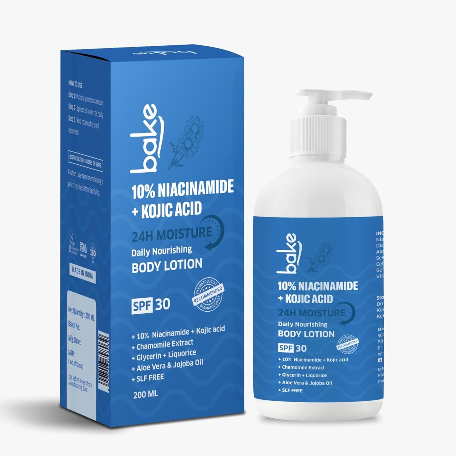BAKE 10% Niacinamide Body Lotion SPF 30 with Kojic Acid for Acne Marks & Dark Spots, Pigmentation, Tan Removal | For Women & Men | 200ml