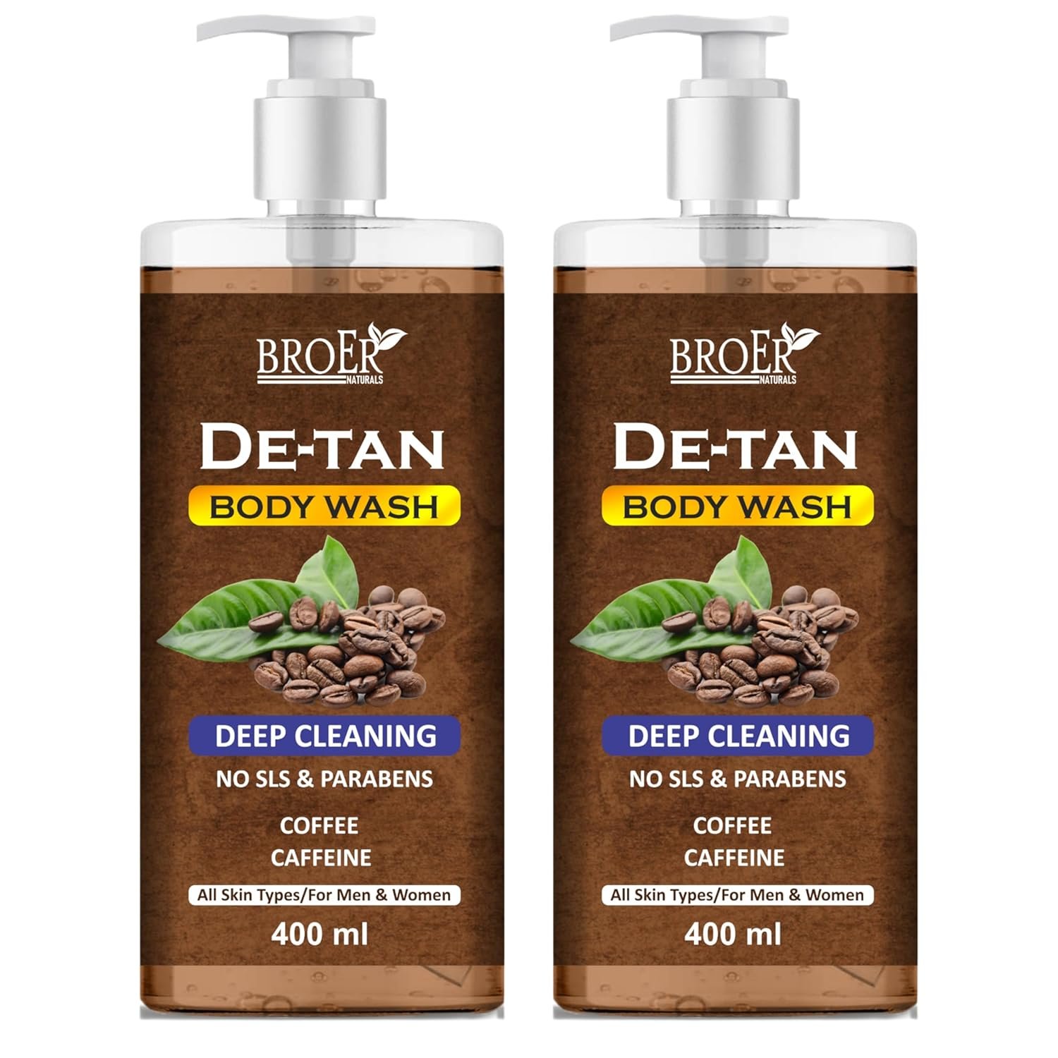BROER De-Tan Body Wash for Men & Women | Tan Removal | Caffeine Body Wash | With Coffee & Aloe Extracts | For Body & Face | Refreshing Fragrance (400ml x 2) (pack of 2) 0.8 liter