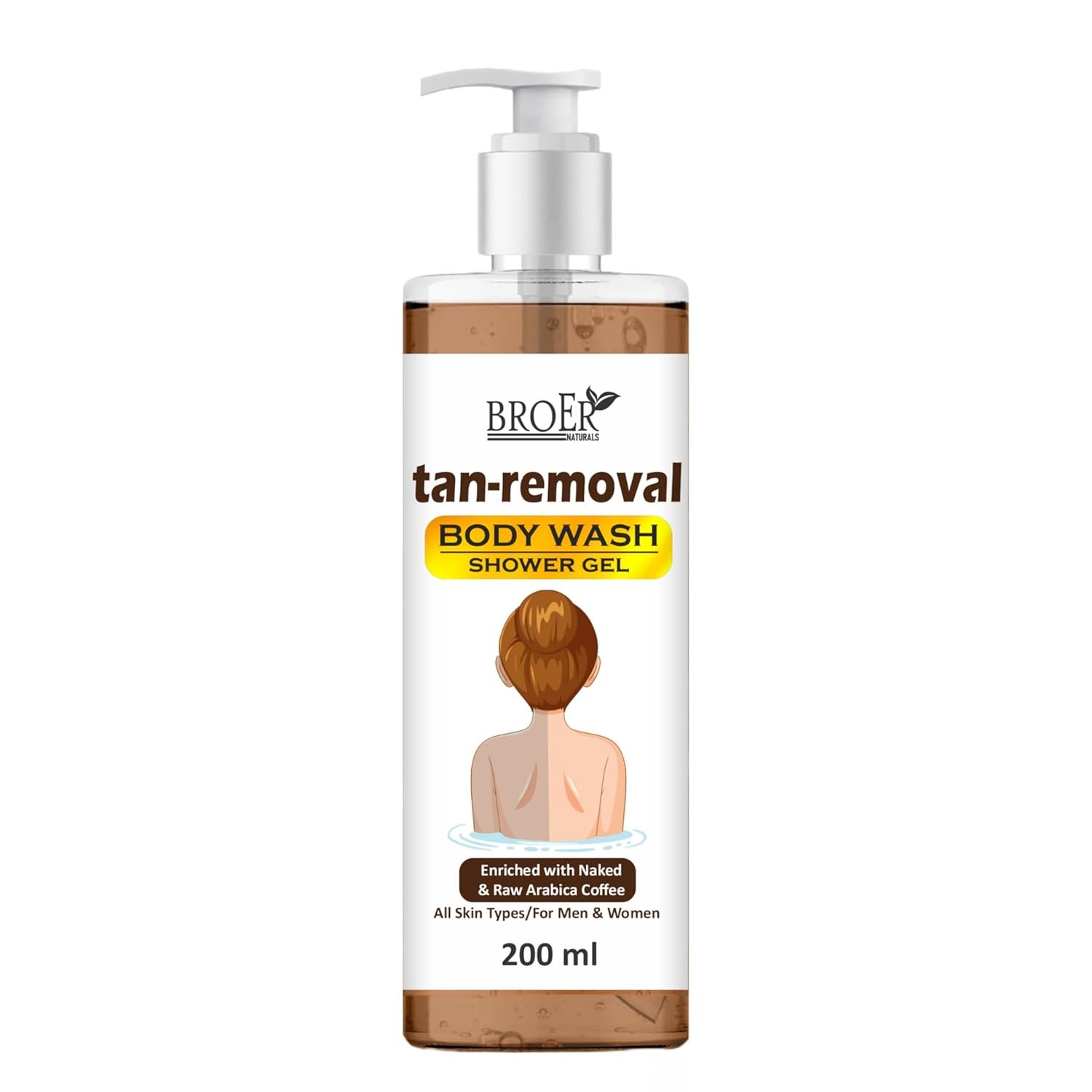 BROER Tan Removal Body Wash with Coffee Extract - Deep Cleanse, Exfoliate & Brighten Skin | Anti-Tan Shower Gel for Men & Women | Moisturizing, Sulfate-Free Formula, 200ml