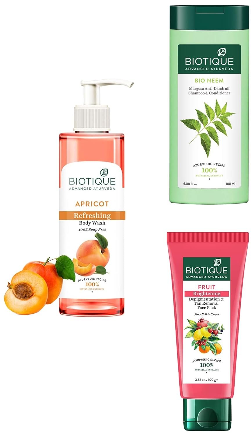Biotique Bio/Fresh Neem Margosa Anti Dandruff Shampoo and Conditioner, 180ml & Apricot Refreshing Body Wash, 200ml & Fruit Brightening Depigmentation & Tan Removal Face Pack For All Skin, 100ml